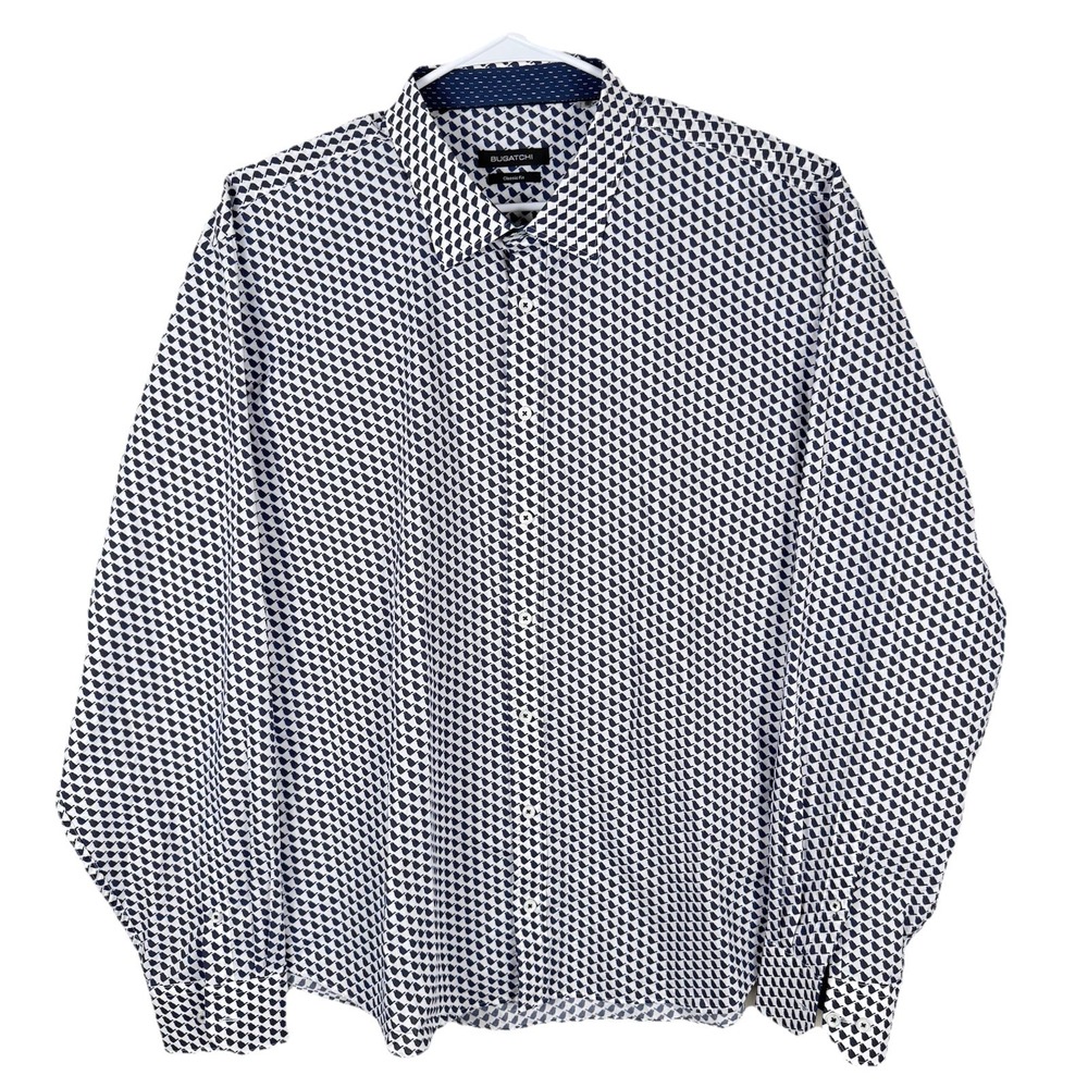 Bugatchi Shirt Mens 3XL White Blue Bird AOP Flip Cuffs Long Sleeve Button Up